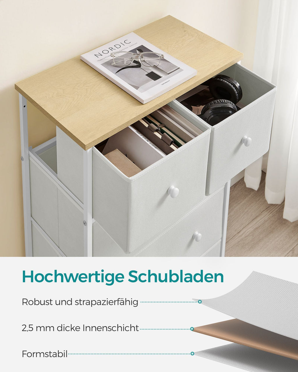 Dressoir - 5 Stoffen Lades - Stalen Frame - Voor Slaapkamer Of Hal