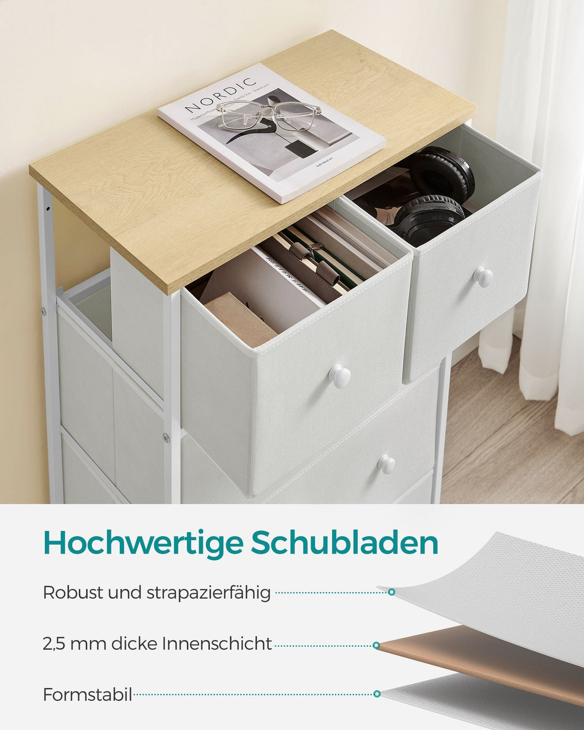 Dressoir - 5 Stoffen Lades - Stalen Frame - Voor Slaapkamer Of Hal