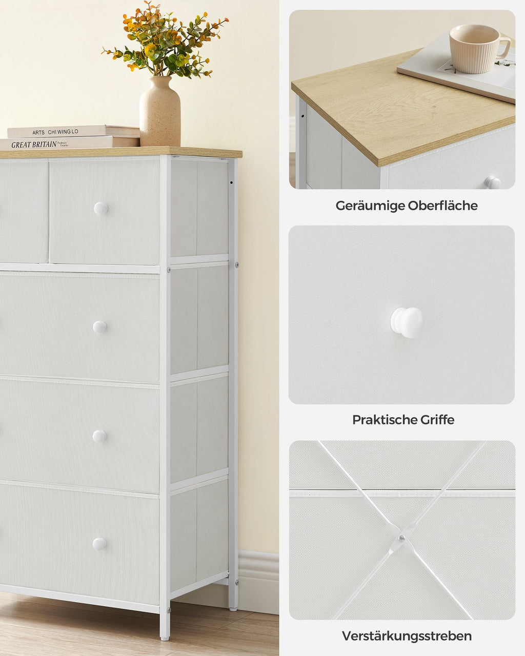 Dressoir - 5 Stoffen Lades - Stalen Frame - Voor Slaapkamer Of Hal