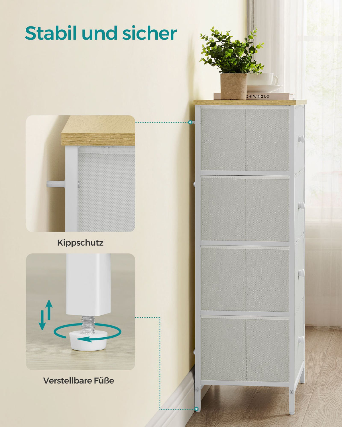 Dressoir - 5 Stoffen Lades - Stalen Frame - Voor Slaapkamer Of Hal
