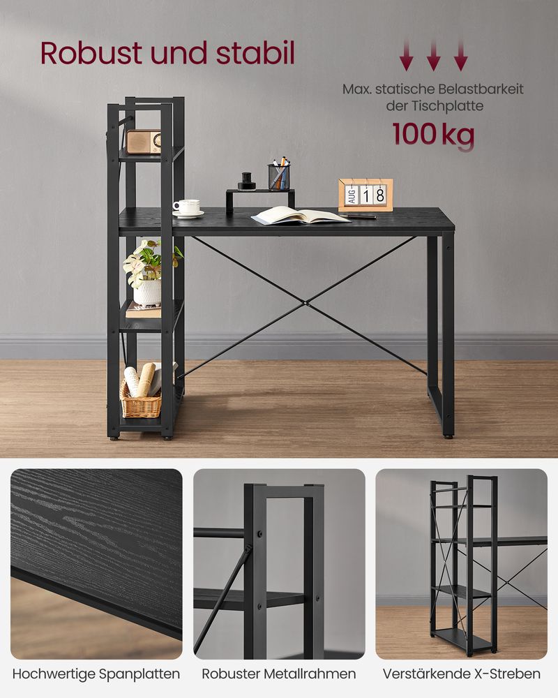 Bureau met Boekenplank 120 cm – Industrieel – Plank Links of Rechts – Computerbureau tot 100 kg voor Thuiskantoor