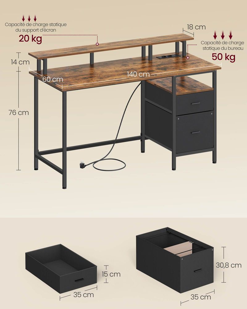 Bureau met Lades - Computertafel met USB en Stopcontact