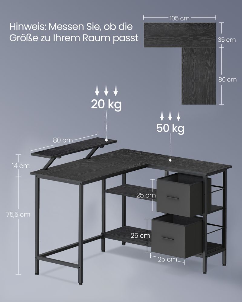 Hoekbureau L-Vormig – Met Monitorstandaard – 2 Lades en Verstelbare Plank