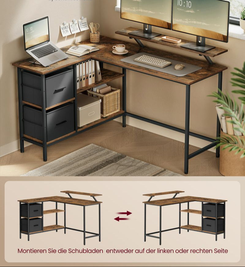 Hoekbureau L-Vormig – Met Monitorstandaard – 2 Lades en Verstelbare Plank
