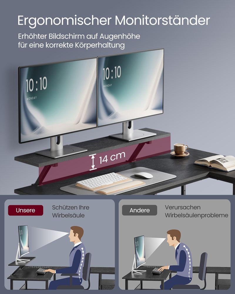 Hoekbureau L-Vormig – Met Monitorstandaard – 2 Lades en Verstelbare Plank