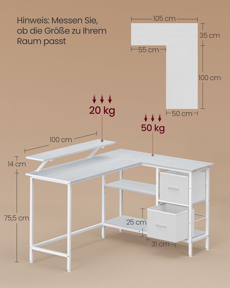 Hoekbureau L-Vormig – Met Monitorstandaard – 2 Lades en Verstelbare Plank