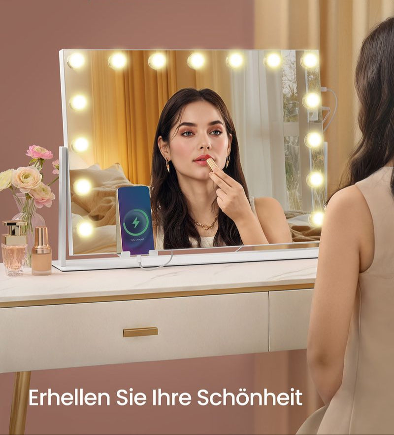 Make-up Spiegel met LED Verlichting – 3 Lichtkleuren – 360° Draaibaar – USB-A & USB-C – 10x Vergroting
