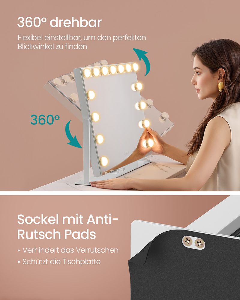 Make-up Spiegel met LED Verlichting – 3 Lichtkleuren – 360° Draaibaar – USB-A & USB-C – 10x Vergroting