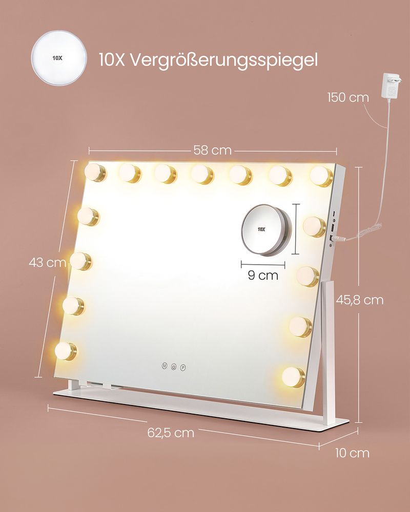 Make-up Spiegel met LED Verlichting – 3 Lichtkleuren – 360° Draaibaar – USB-A & USB-C – 10x Vergroting