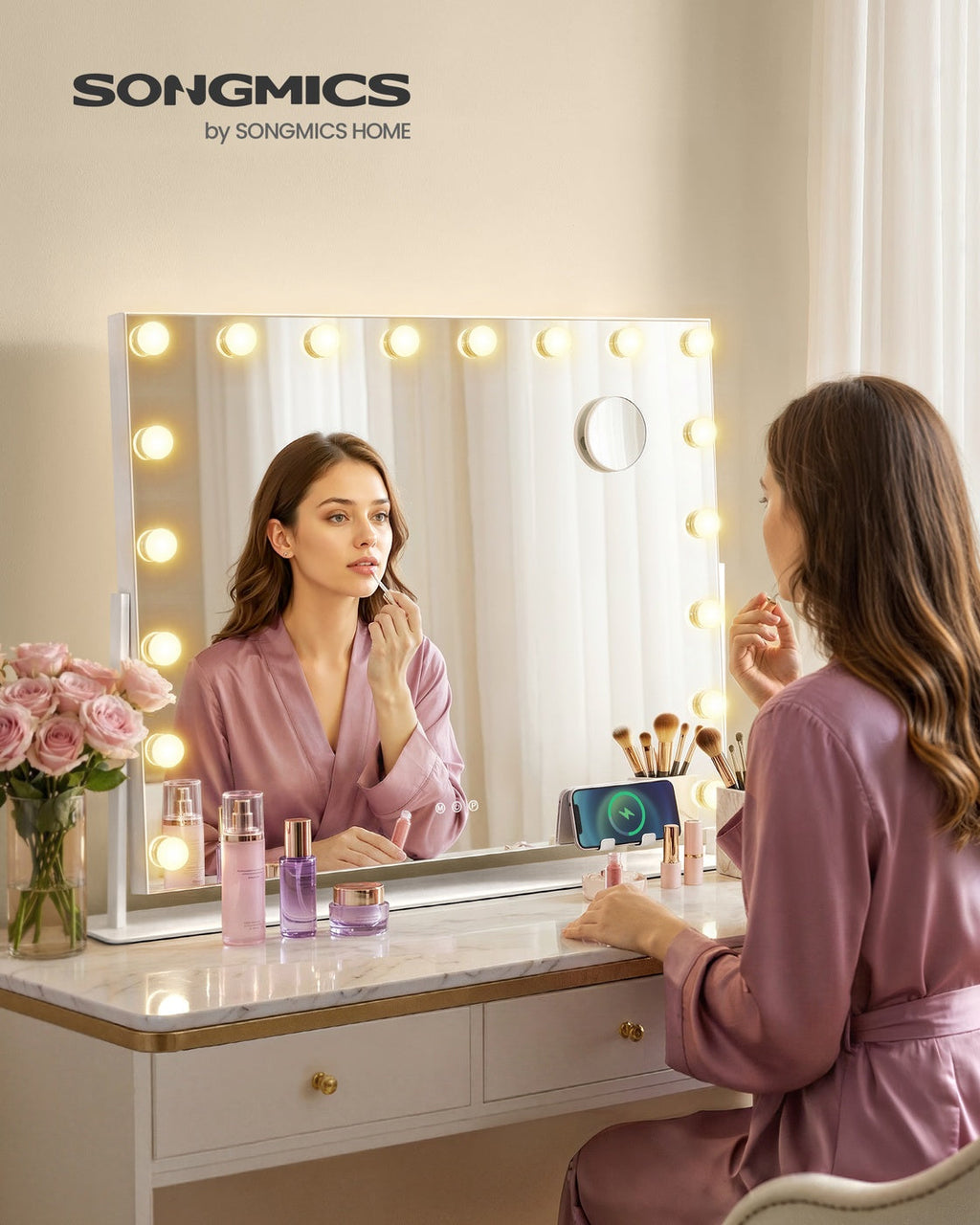 Make-Up Spiegel - 18 LED Lampen - Met USB Lader En Touch Bediening