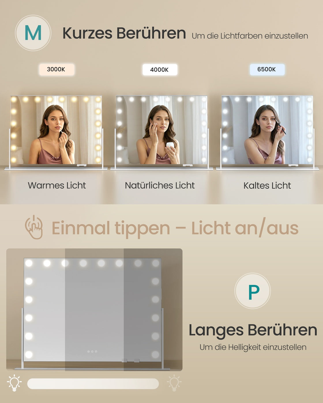 Make-Up Spiegel - 18 LED Lampen - Met USB Lader En Touch Bediening