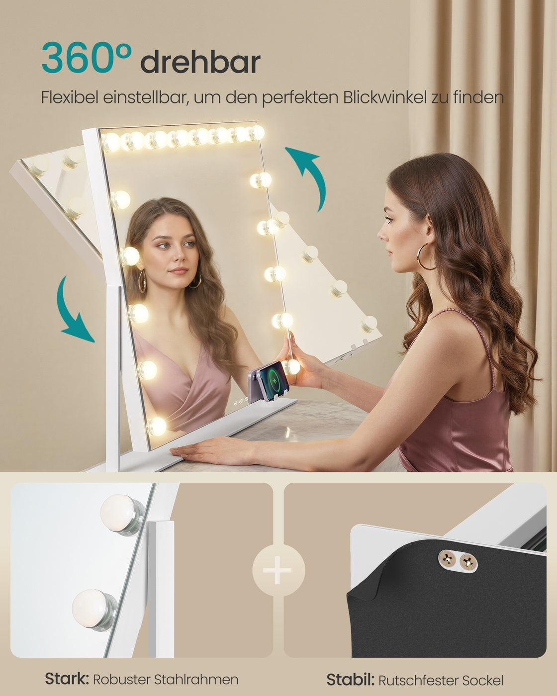 Make-Up Spiegel - 18 LED Lampen - Met USB Lader En Touch Bediening
