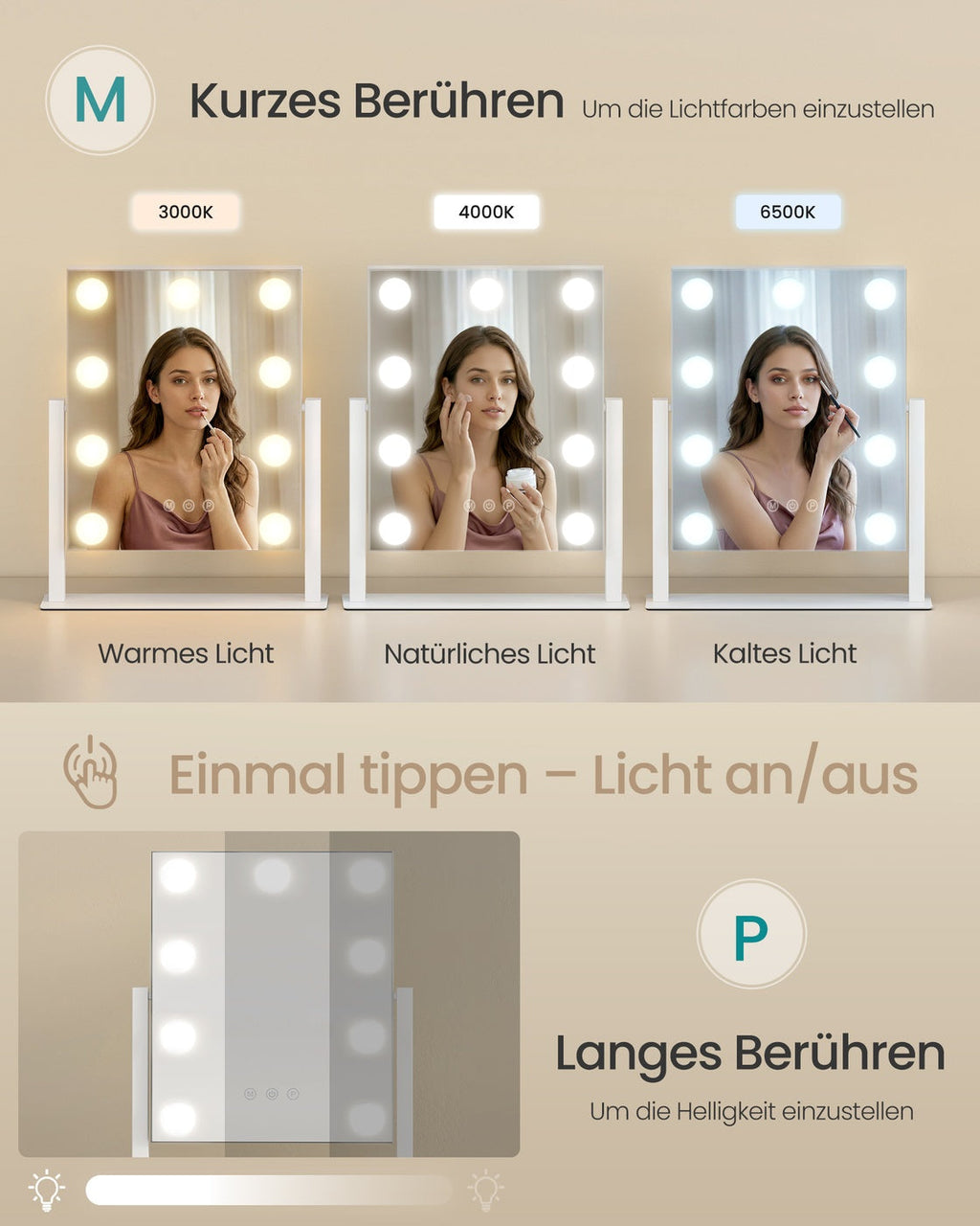 Make-Up Spiegel - 9 LED Lampen - Met USB Lader En Touch Bediening