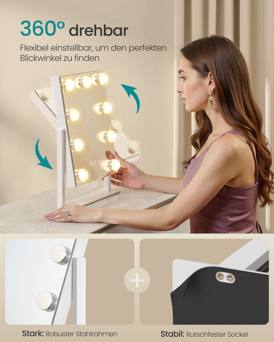 Make-Up Spiegel - 9 LED Lampen - Met USB Lader En Touch Bediening