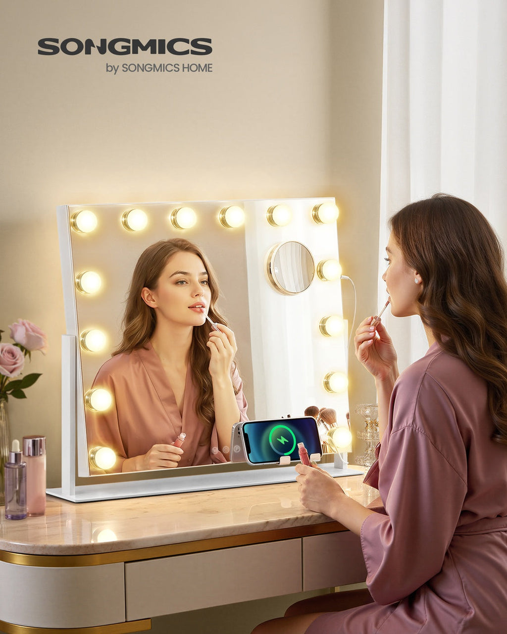 Make-Up Spiegel - 14 LED Lampen - Met USB Lader En Touch Bediening
