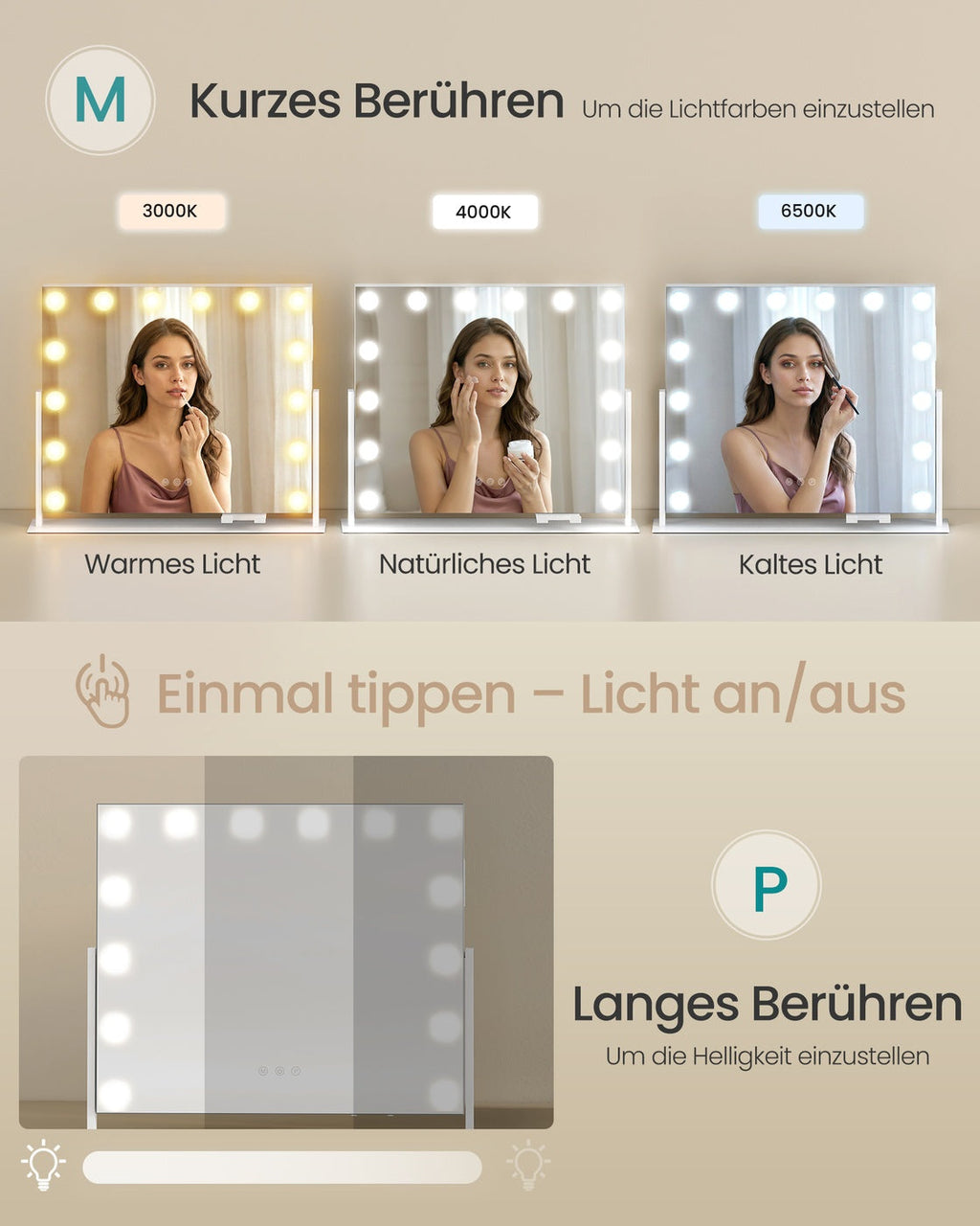 Make-Up Spiegel - 14 LED Lampen - Met USB Lader En Touch Bediening