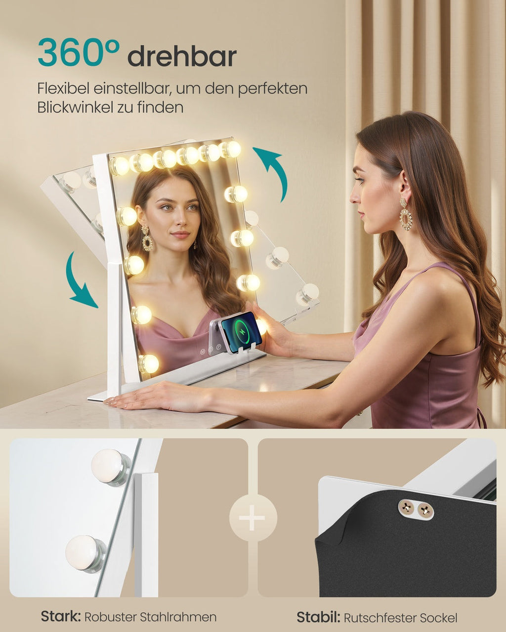 Make-Up Spiegel - 14 LED Lampen - Met USB Lader En Touch Bediening