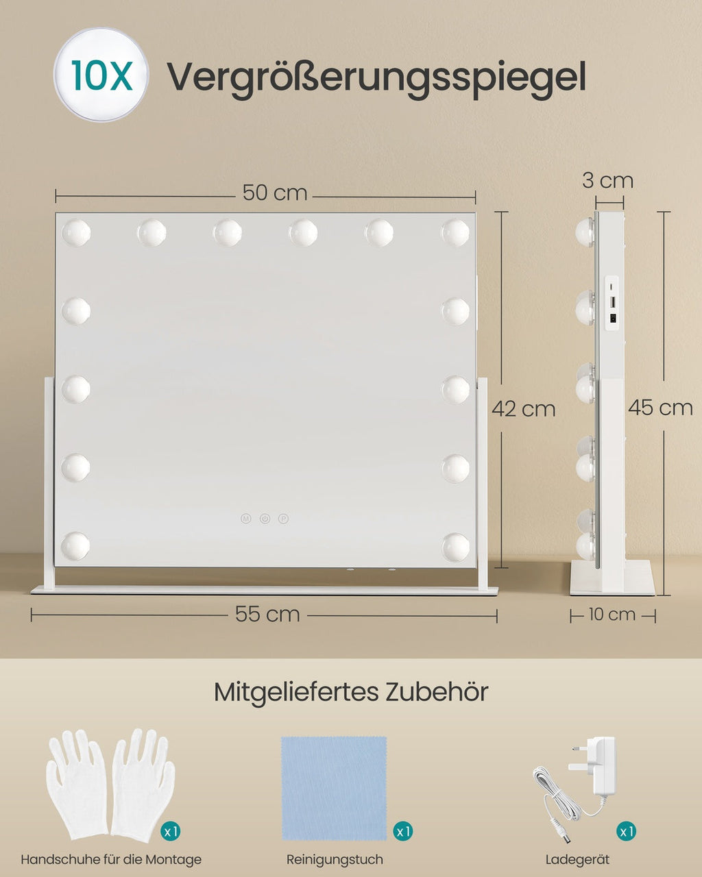 Make-Up Spiegel - 14 LED Lampen - Met USB Lader En Touch Bediening