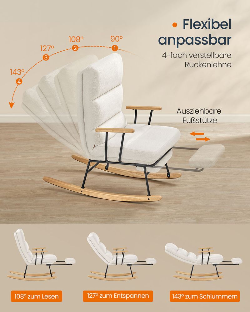 Schommelstoel met Verstelbare Rugleuning en Voetsteun – Crème Wit – 97 x 67 x 100 cm
