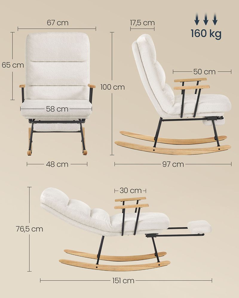 Schommelstoel met Verstelbare Rugleuning en Voetsteun – Crème Wit – 97 x 67 x 100 cm