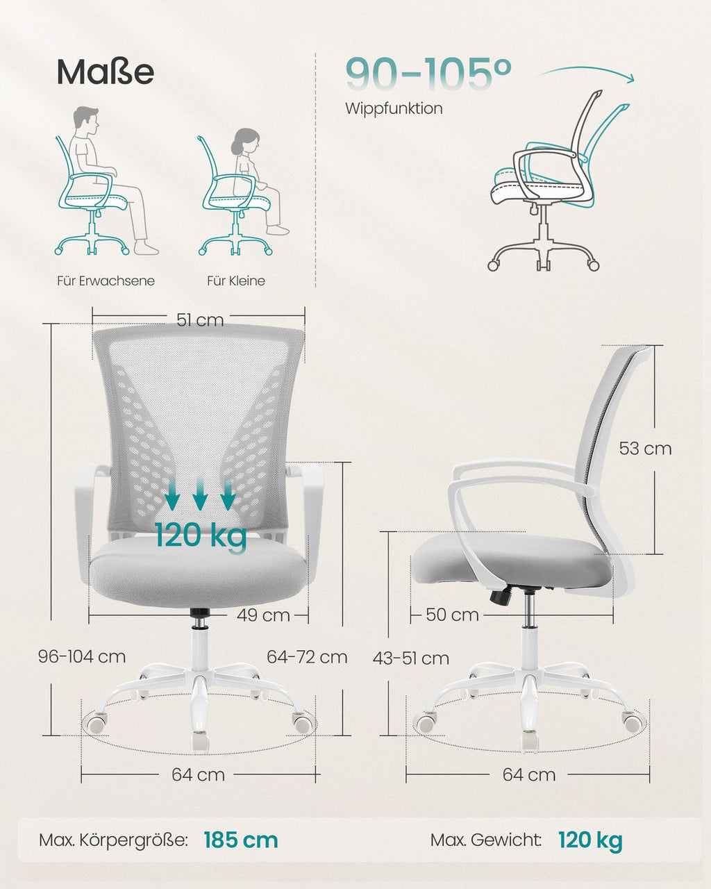 Ergonomische Bureaustoel – Mesh Rugleuning – In Hoogte Verstelbaar – Wipfunctie
