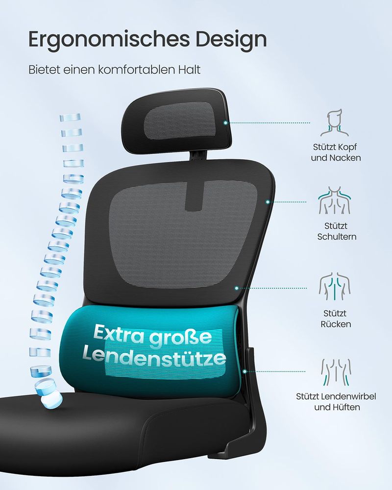 Ergonomische Bureaustoel – Mesh Rugleuning met Lendensteun – Verstelbare Hoofdsteun – Kantelbaar tot 120 kg