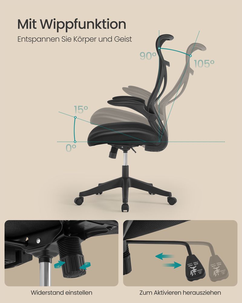 Ergonomische Bureaustoel – Met Hoofdsteun, Lendensteun en Opvouwbare Armleuningen – S-vormige Rugleuning – Tot 150 kg Draagvermogen