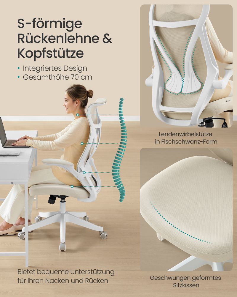 Ergonomische Bureaustoel – Met Hoofdsteun, Lendensteun en Opvouwbare Armleuningen – S-vormige Rugleuning – Tot 150 kg Draagvermogen