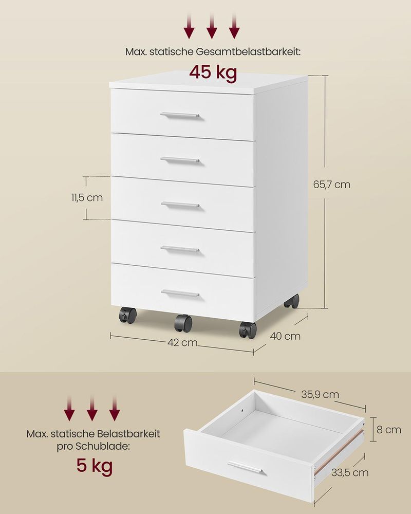 Rolcontainer met 5 Lades – 40 x 42 x 65,7 cm – Wit