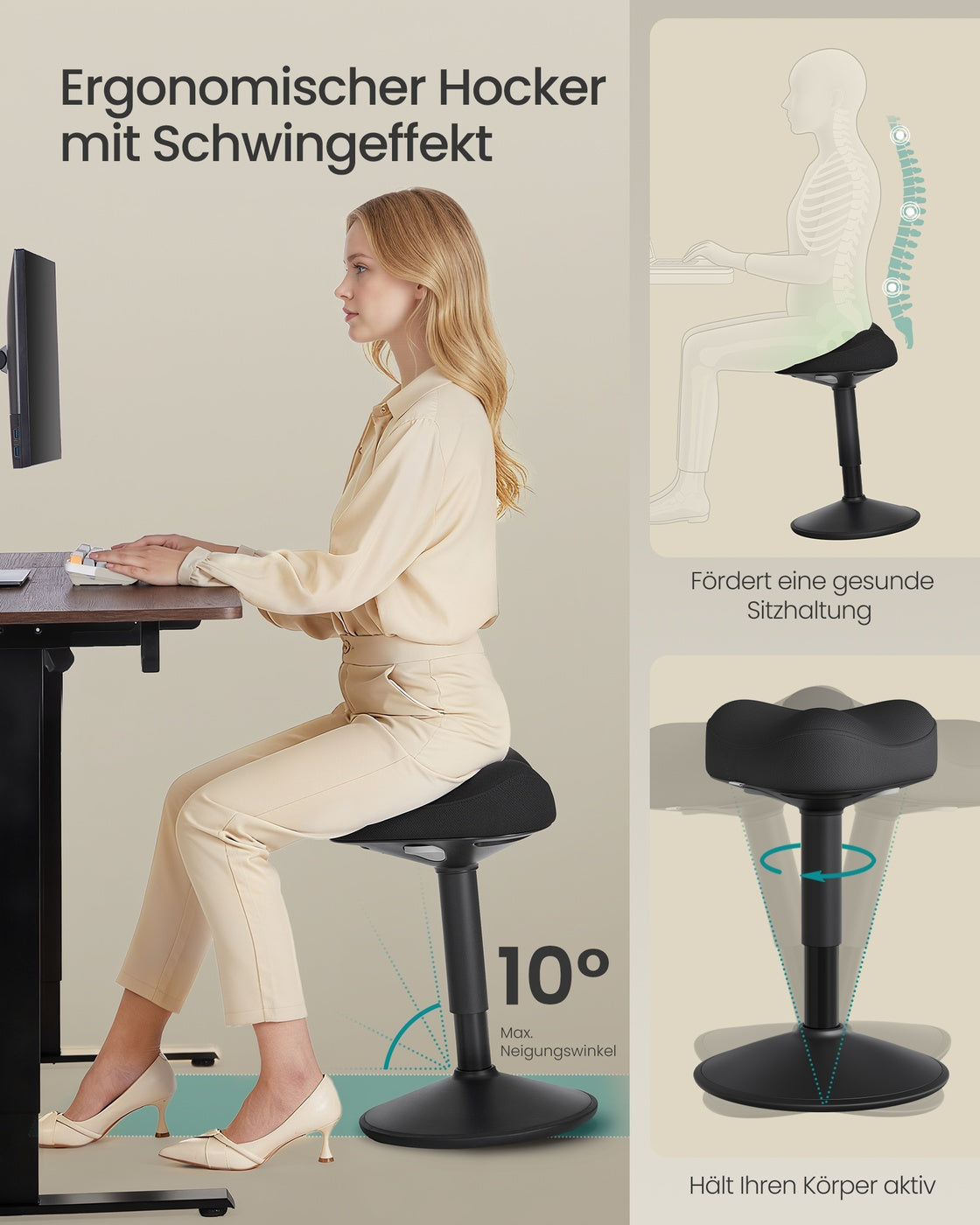 Ergonomische Werkkruk – In Hoogte Verstelbare Staande Kruk – 360° Kantelbaar – Antislip – Tot 130 kg