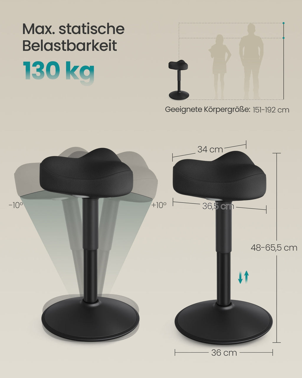 Ergonomische Werkkruk – In Hoogte Verstelbare Staande Kruk – 360° Kantelbaar – Antislip – Tot 130 kg