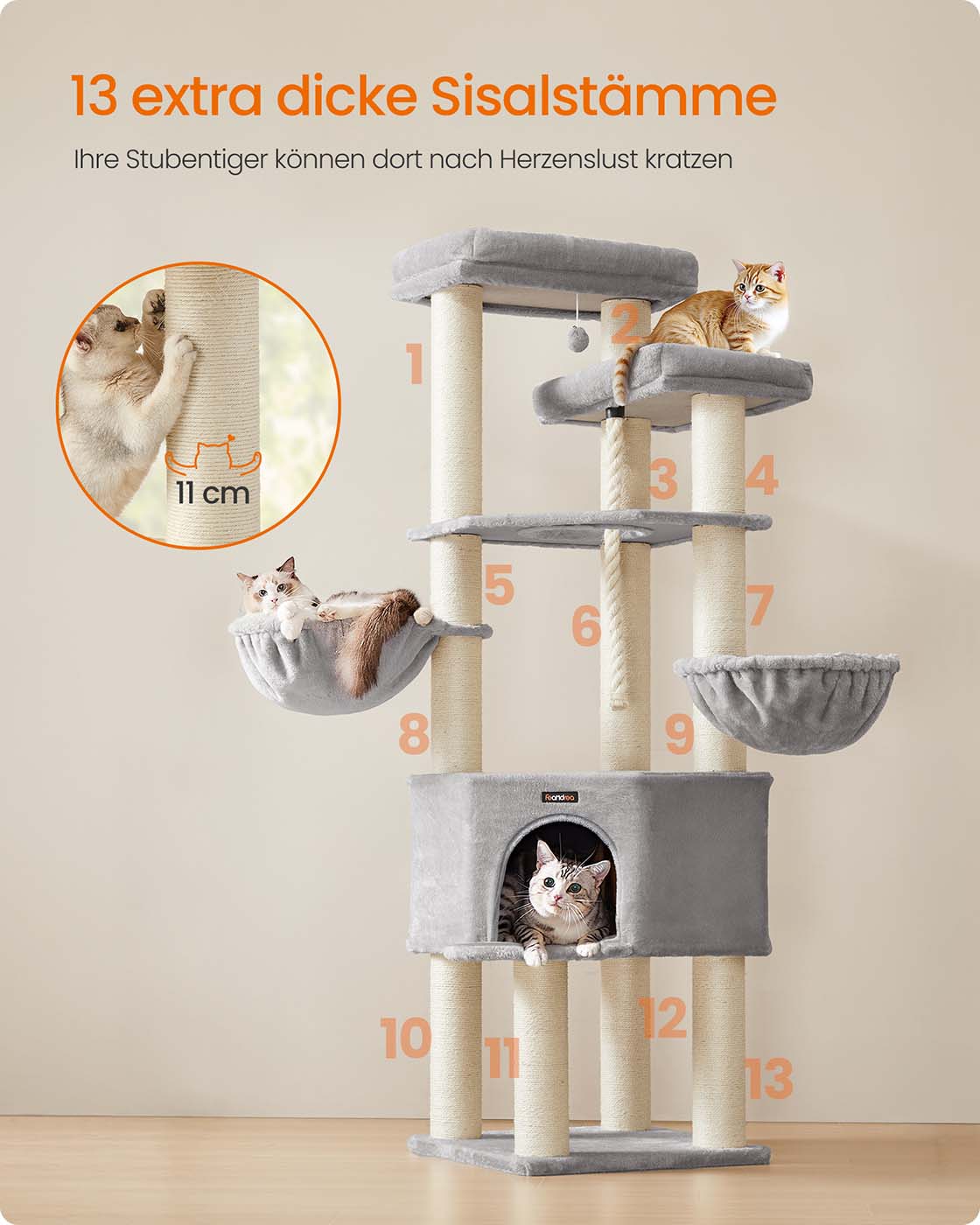 Kattenkrabpaal – XXL Krabmeubel met 13 Krabpalen – 187 cm Hoog