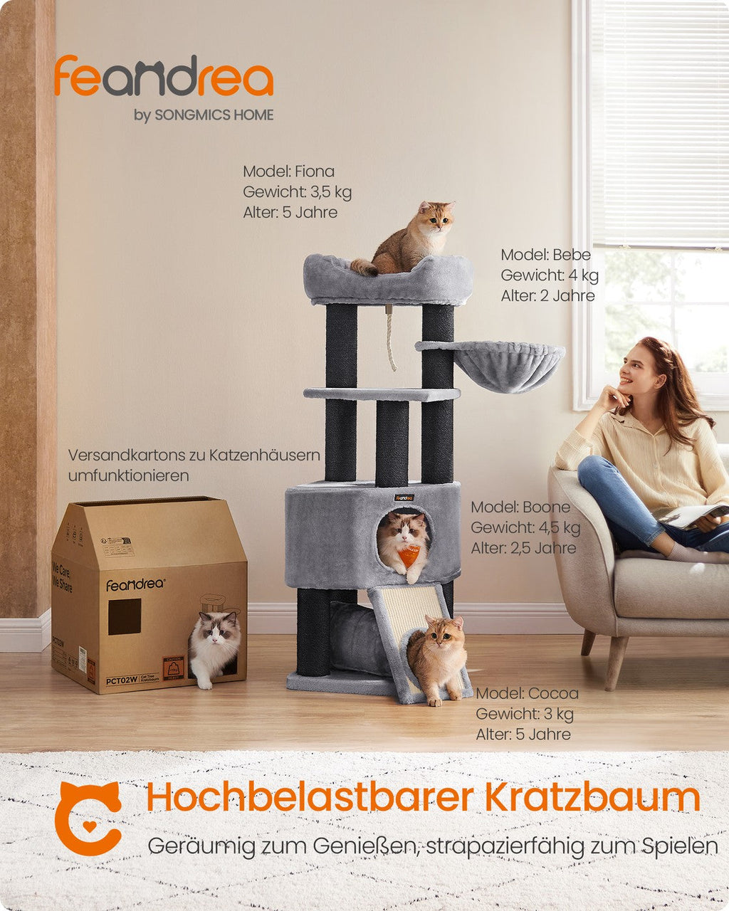 Krabpaal voor Katten 141 cm – Met Hangmat, Speeltunnel & Huisje – Sisal Kattentoren voor Meerdere Katten