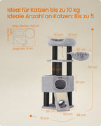 Krabpaal voor Katten 141 cm – Met Hangmat, Speeltunnel & Huisje – Sisal Kattentoren voor Meerdere Katten