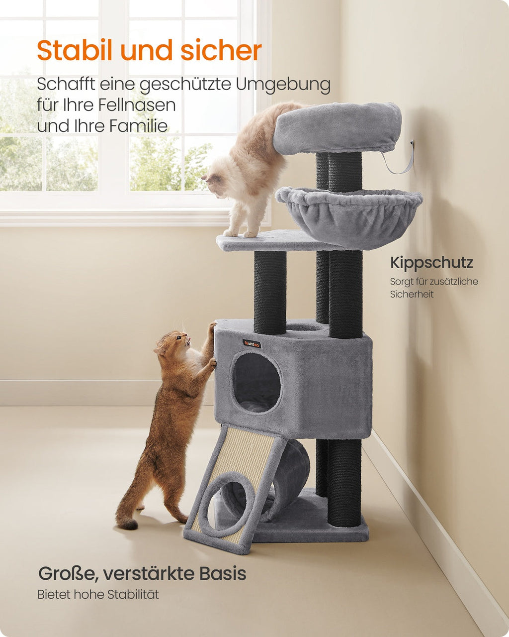Krabpaal voor Katten 141 cm – Met Hangmat, Speeltunnel & Huisje – Sisal Kattentoren voor Meerdere Katten