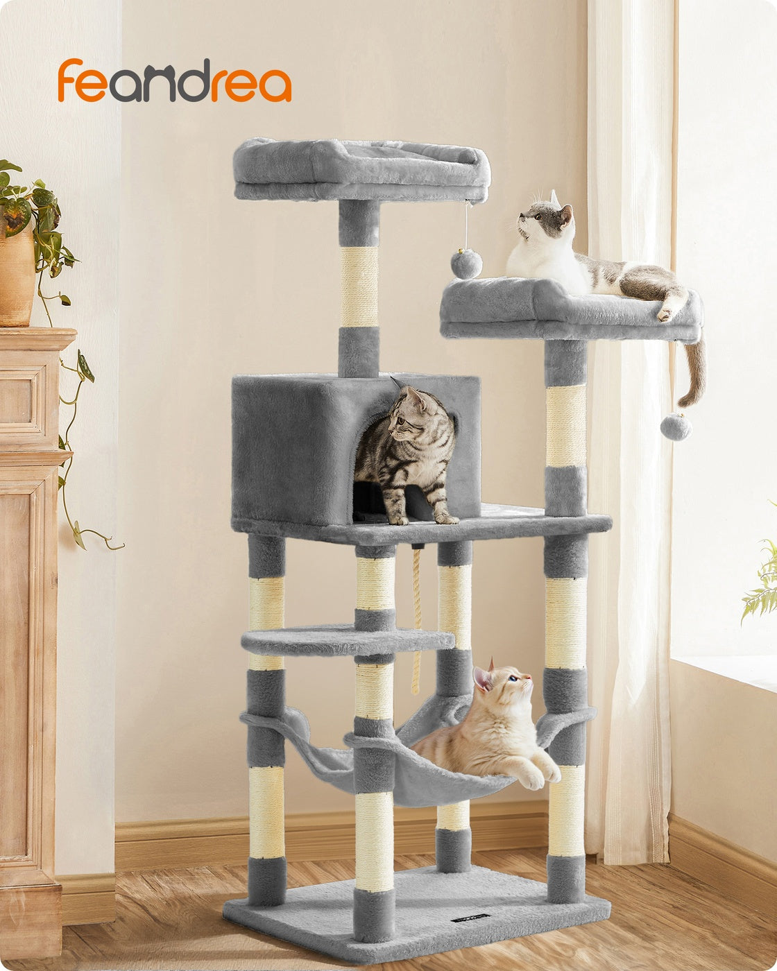 Kattenkrabpaal met Hangmat en Uitzichtplatforms – Comfortabele en Stabiele Krabtoren voor 1 tot 2 Katten