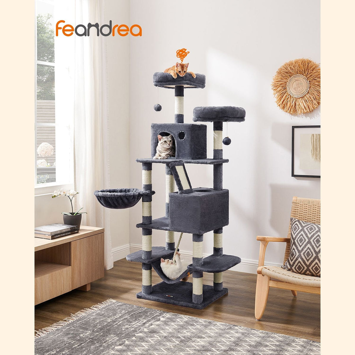 Luxe Krabpaal Van 168 cm – Meerverdiepingen Kattenboom Met Krabpalen, Hangmat en Kattenhuis Voor Grote Katten
