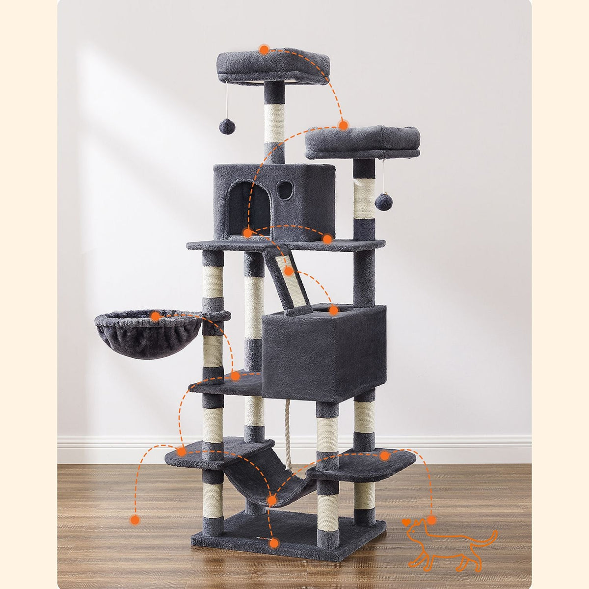 Luxe Krabpaal Van 168 cm – Meerverdiepingen Kattenboom Met Krabpalen, Hangmat en Kattenhuis Voor Grote Katten