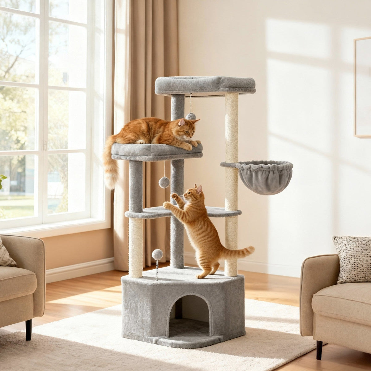 Kattenkrabpaal – Met Mand, Hol en Speelballen – 140 cm Hoog