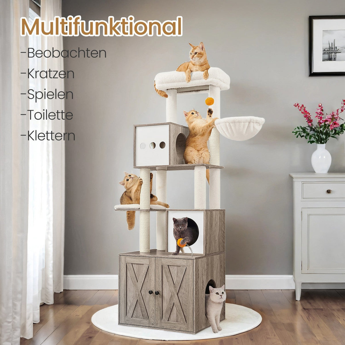 Krabpalen – Geïntegreerde Kattenbak – 178 cm Hoog – Spaanplaat – Pluche – Sisal – 100 x 61 x 178 cm