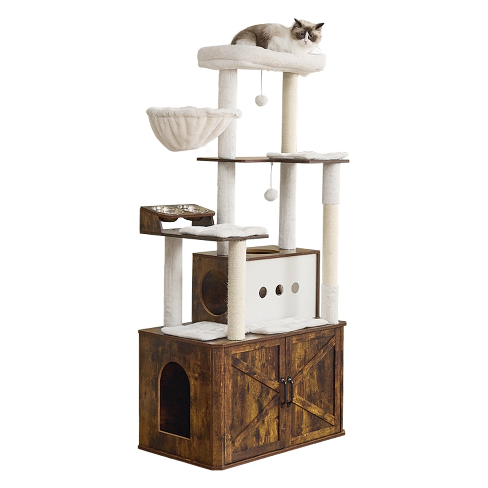 Kattenkrabpaal 170 cm - Grote Krabpaal met Kattenhuis - Verhoogde Voerbakken & Opbergruimte
