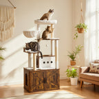 Kattenkrabpaal 170 cm - Grote Krabpaal met Kattenhuis - Verhoogde Voerbakken & Opbergruimte