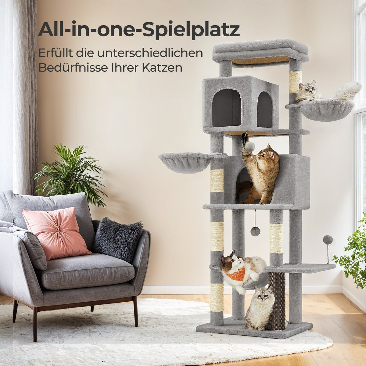 Luxe Krabpaal Met Meerdere Verdiepingen – Comfortabel Kattenhuis Met Hangmat, Krabpalen en Speelaccessoires
