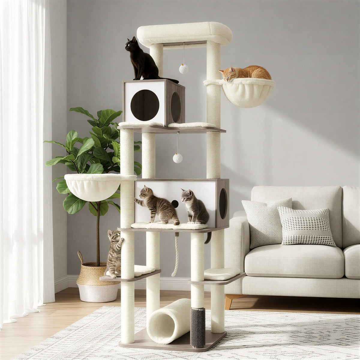 XXL Kattenkrabpaal – Luxe Krabtoren voor Meerdere Katten met Tunnel, Hangmanden en Speelballetjes