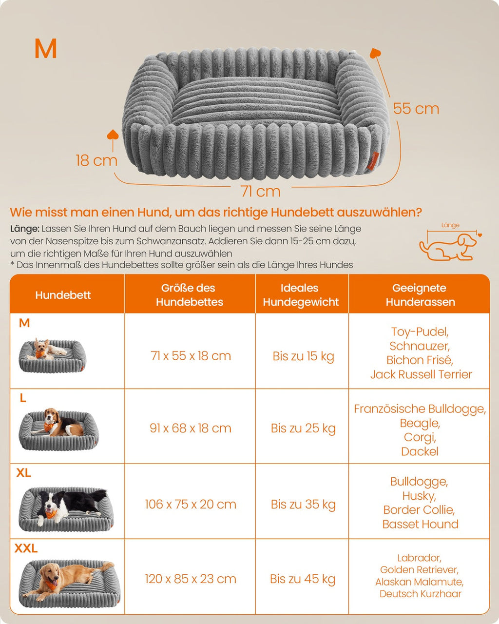 Hondenbed – Middelgroot orthopedisch – Wasbaar – Zachte geribbeld imitatiekonijnenbont – 71 x 55 x 18 cm – 1,7 kg