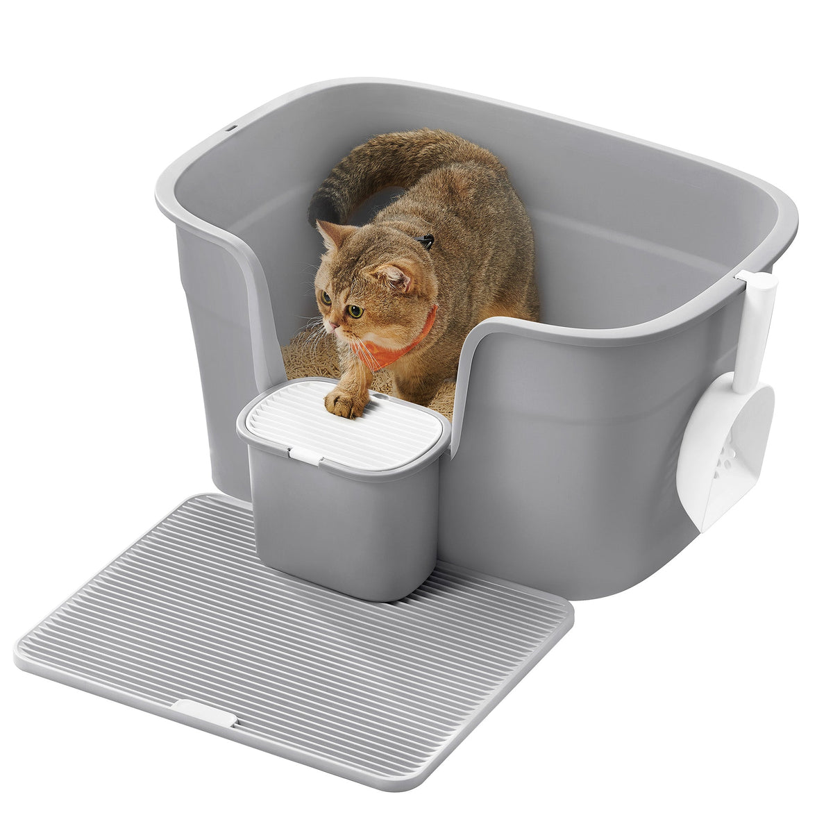 Extra Grote Kattenbak met Hoge Wanden – Inclusief Litter Catcher, Opbergbox en Schep – Voor Grote Katten tot 15 kg – Duifgrijs
