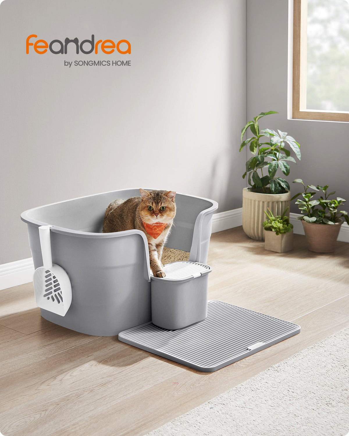Extra Grote Kattenbak met Hoge Wanden – Inclusief Litter Catcher, Opbergbox en Schep – Voor Grote Katten tot 15 kg – Duifgrijs