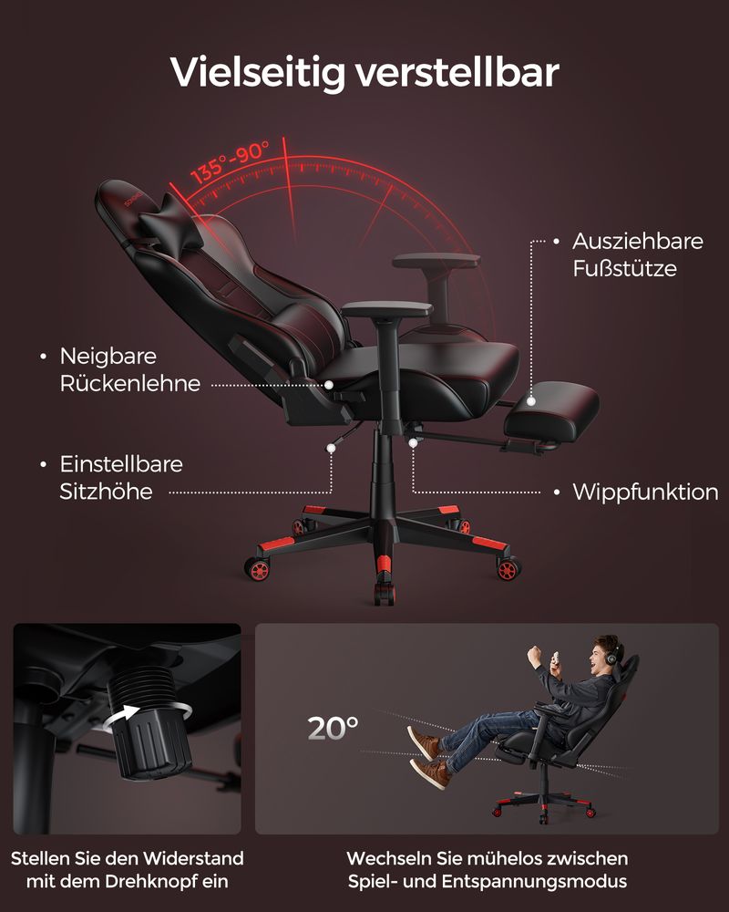 Gamestoel Ergonomisch – Gaming Bureaustoel met Voetensteun – Kantelfunctie – Tot 150 kg
