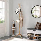 Kapstok van Massief Rubberhout – Vrijstaand – 8 Haken – Verstelbare Hoogte – 47 x 47 x 175 cm – Naturel