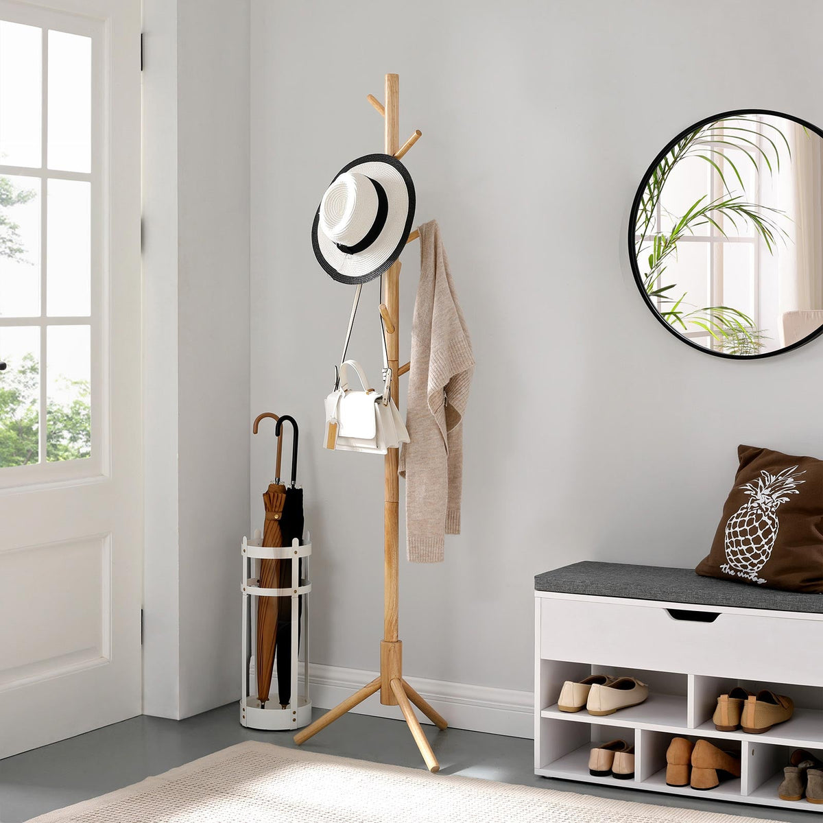 Kapstok van Massief Rubberhout – Vrijstaand – 8 Haken – Verstelbare Hoogte – 47 x 47 x 175 cm – Naturel